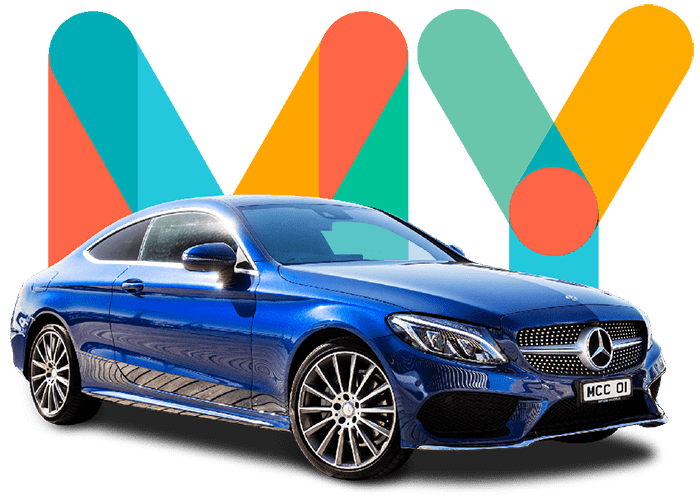 Blue Mercedes and colourful my car credit logo for quick car finance process