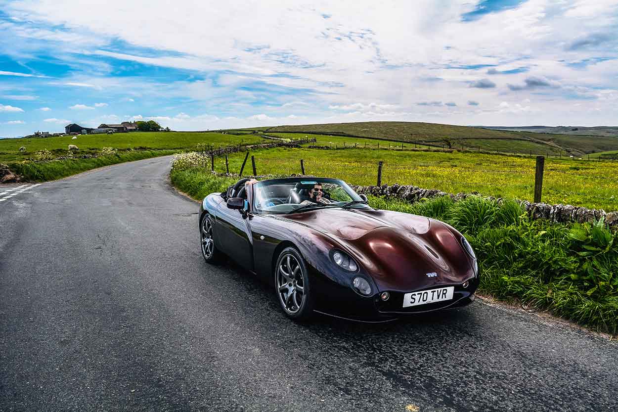 rare, TVR Tuscan S Convertible driving through peak district