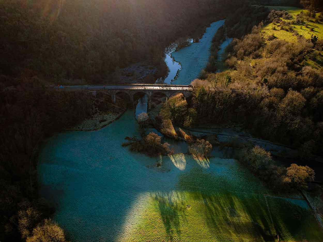 Aerial view of Headstone Viaduct in Monsal Dale peak district