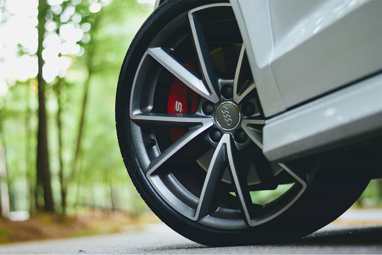 An Audi wheel showing different types of tyres you can get