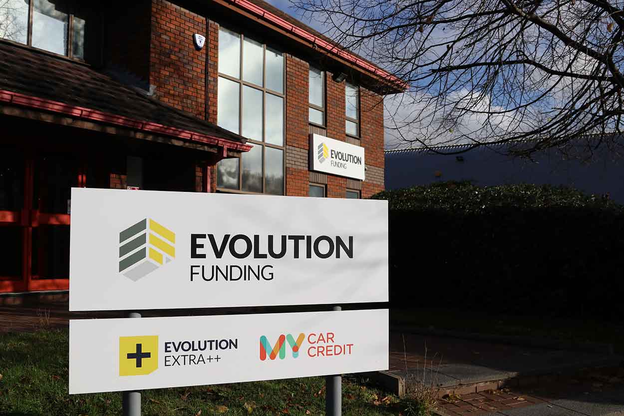 signage of evolution funding car finance company in chesterfield