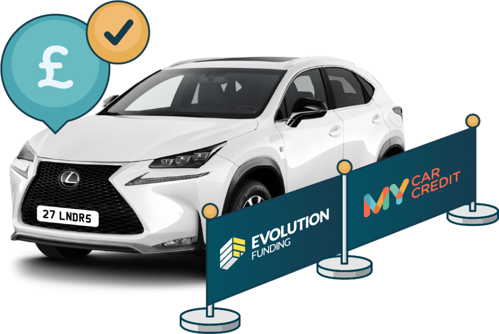 White car behind Evolution Funding and My Car Credit barriers