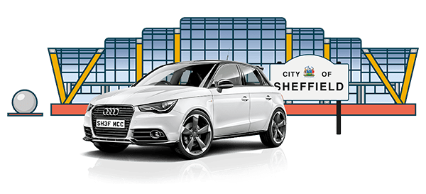 White Audi bought using car finance outside the Sheffield Winter Gardens