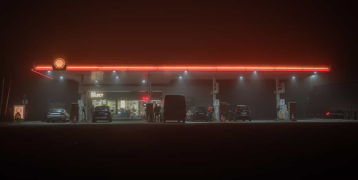 Petrol station in mist following the 2030 petrol and diesel ban