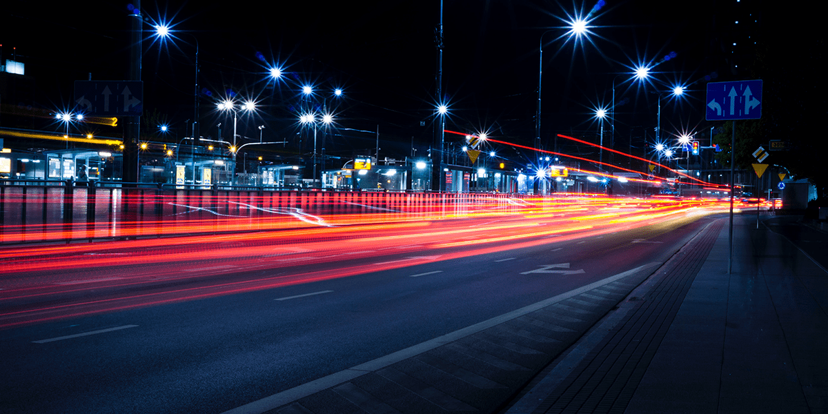 Street lights glowing at night